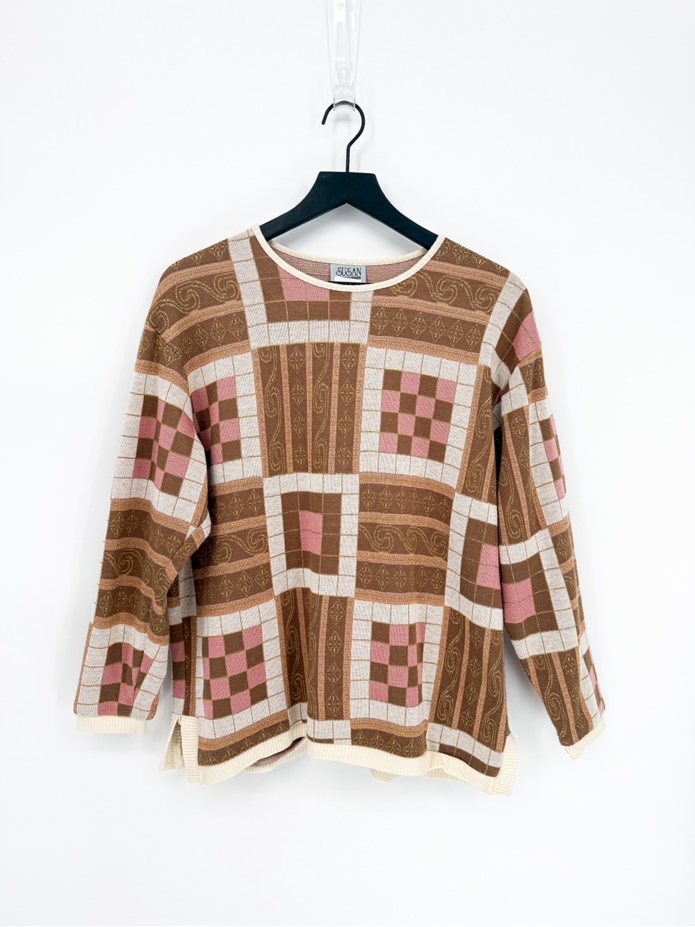 Vintage 90s Metallic Patchwork Sweater Geometric Made in USA Large